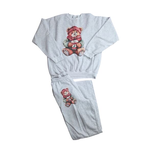 Port & Company Teddy Bear Sweatpants Sweatshirt Set L Womens Gray Pullover - Picture 1 of 6